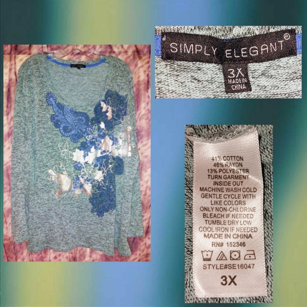 Simply Elegant Heather Powder Blue/Multiclr Multiprint Knit Sweater Top 3X(22/24